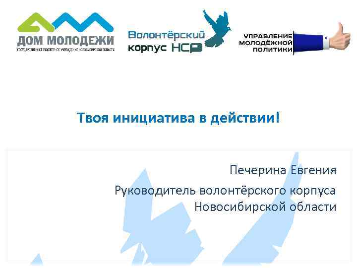 Твоя инициатива в действии! Печерина Евгения Руководитель волонтёрского корпуса Новосибирской области 