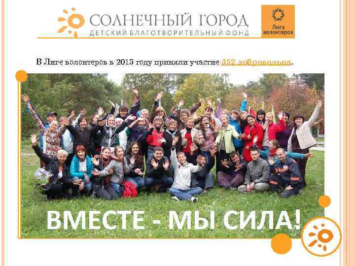 В Лиге волонтеров в 2013 году приняли участие 352 добровольца. 