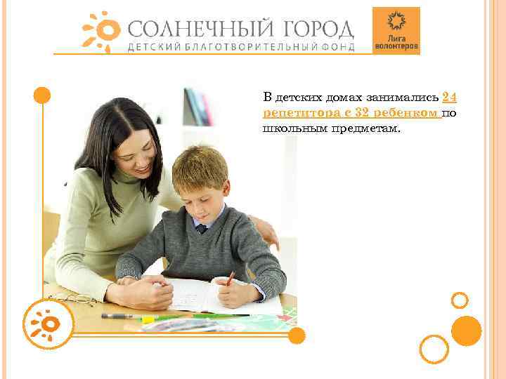 В детских домах занимались 24 репетитора с 32 ребенком по школьным предметам. 