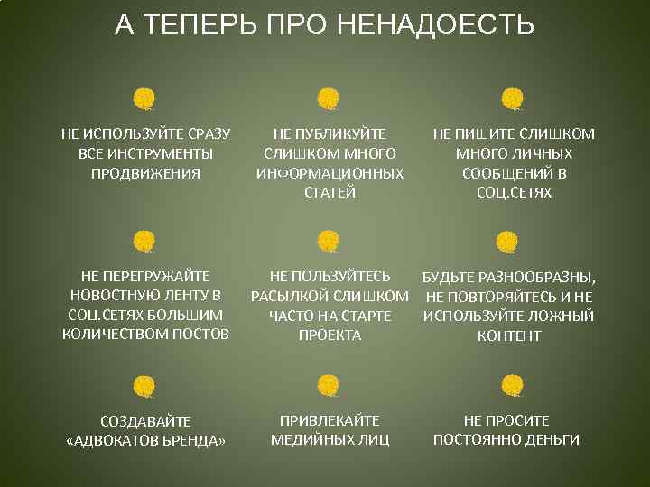 А ТЕПЕРЬ ПРО НЕНАДОЕСТЬ НЕ ИСПОЛЬЗУЙТЕ СРАЗУ ВСЕ ИНСТРУМЕНТЫ ПРОДВИЖЕНИЯ НЕ ПЕРЕГРУЖАЙТЕ НОВОСТНУЮ ЛЕНТУ