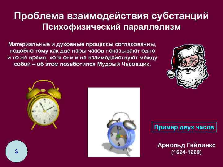 Проблема взаимодействия субстанций Психофизический параллелизм Материальные и духовные процессы согласованны, подобно тому как две