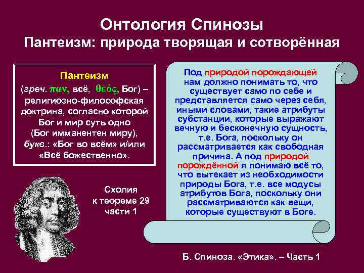 Онтология Спинозы Пантеизм: природа творящая и сотворённая Пантеизм (греч. παν, всё, θεός, Бог) –