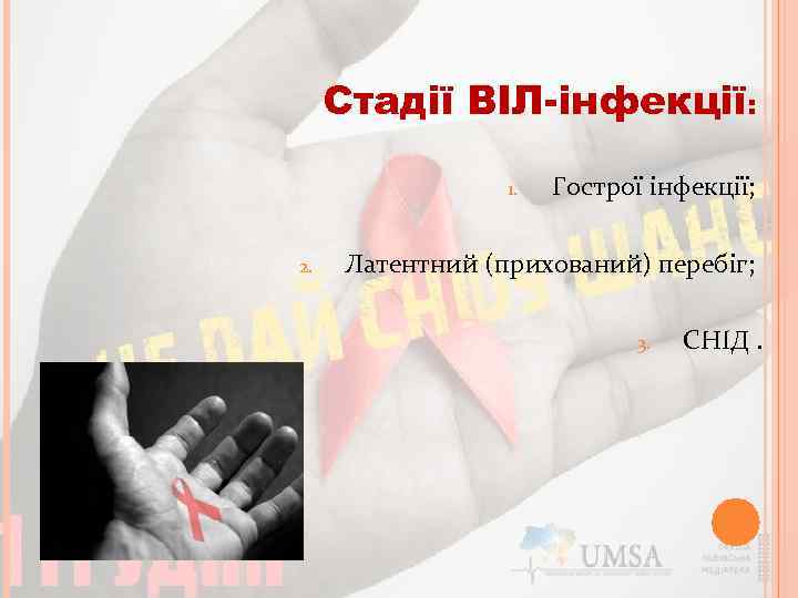 Стадії ВІЛ-інфекції: 1. 2. Гострої інфекції; Латентний (прихований) перебіг; 3. СНІД. 