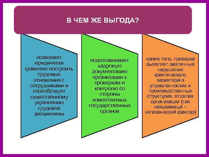 В ЧЕМ ЖЕ ВЫГОДА? позволяет юридически грамотно построить трудовые отношения с сотрудниками и способствует