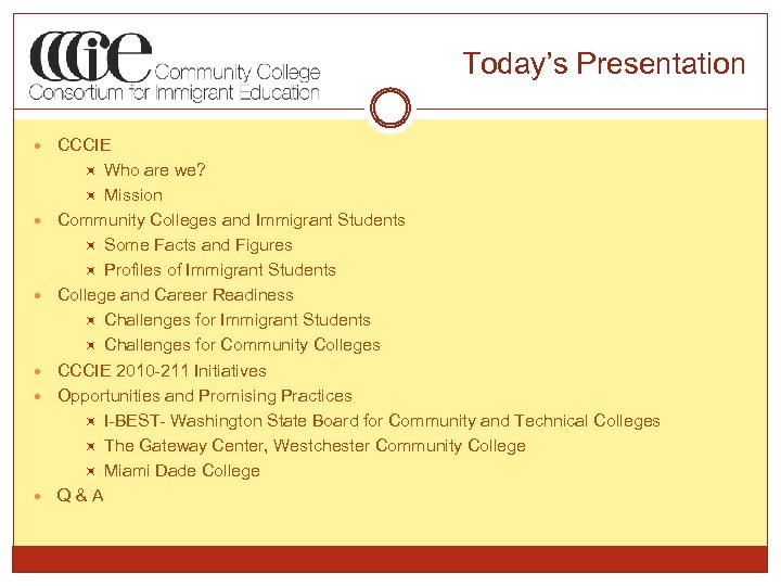 Today’s Presentation CCCIE Who are we? Mission Community Colleges and Immigrant Students Some Facts