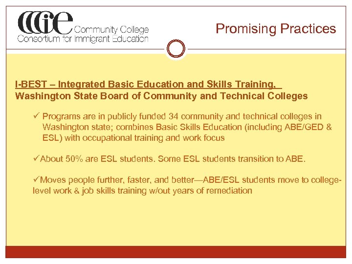 Promising Practices I-BEST – Integrated Basic Education and Skills Training, Washington State Board of