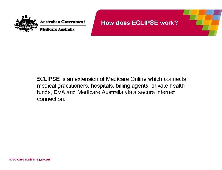 How does ECLIPSE work? ECLIPSE is an extension of Medicare Online which connects medical