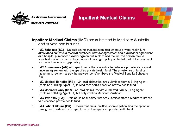 Inpatient Medical Claims (IMC) are submitted to Medicare Australia and private health funds: •