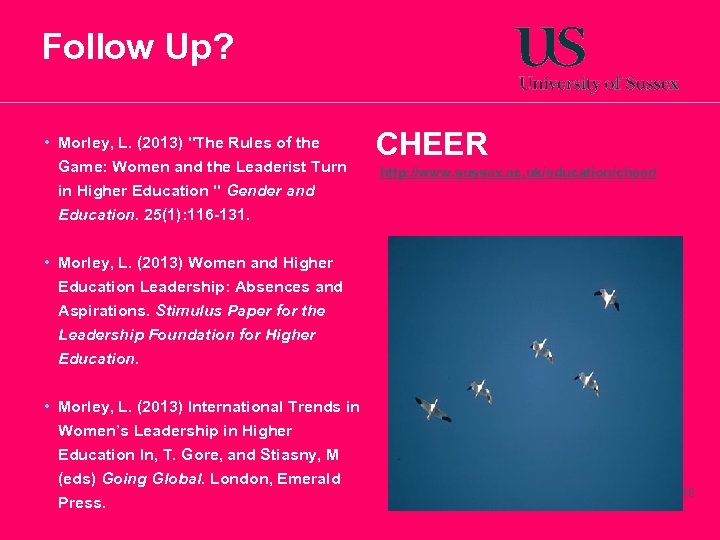 Follow Up? • Morley, L. (2013) 