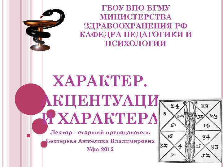 ГБОУ ВПО БГМУ МИНИСТЕРСТВА ЗДРАВООХРАНЕНИЯ РФ КАФЕДРА ПЕДАГОГИКИ И ПСИХОЛОГИИ ХАРАКТЕР. АКЦЕНТУАЦИ И ХАРАКТЕРА