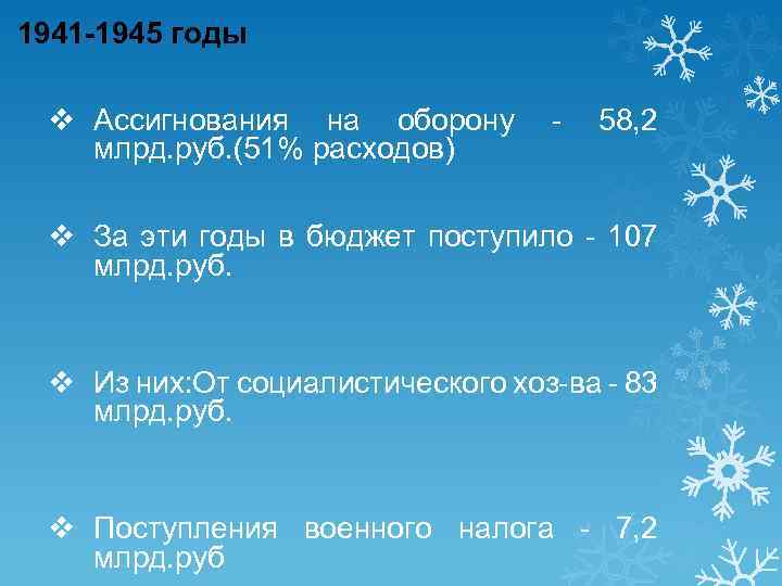 1941 -1945 годы v Ассигнования на оборону - 58, 2 млрд. руб. (51% расходов)