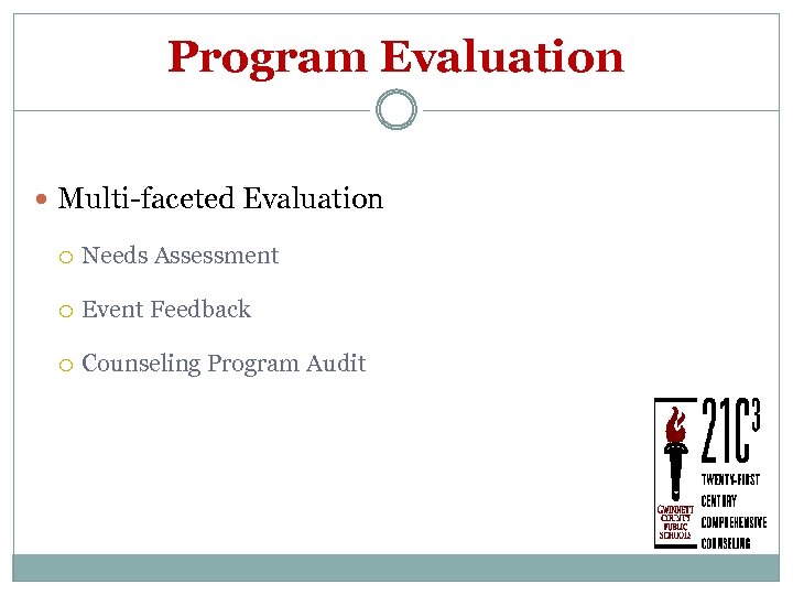 Program Evaluation Multi-faceted Evaluation Needs Assessment Event Feedback Counseling Program Audit 