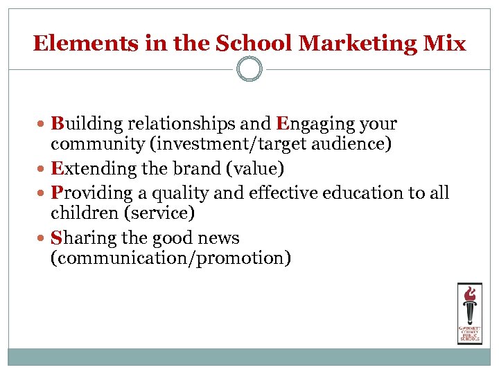Elements in the School Marketing Mix Building relationships and Engaging your community (investment/target audience)