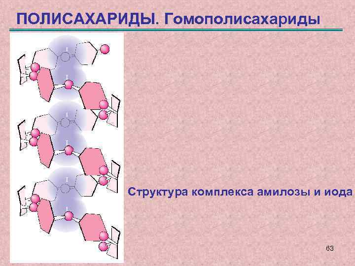 ПОЛИСАХАРИДЫ. Гомополисахариды Структура комплекса амилозы и иода 63 