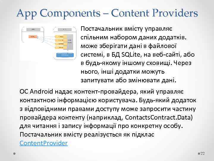 App Components – Content Providers Постачальник вмісту управляє спільним набором даних додатків. може зберігати