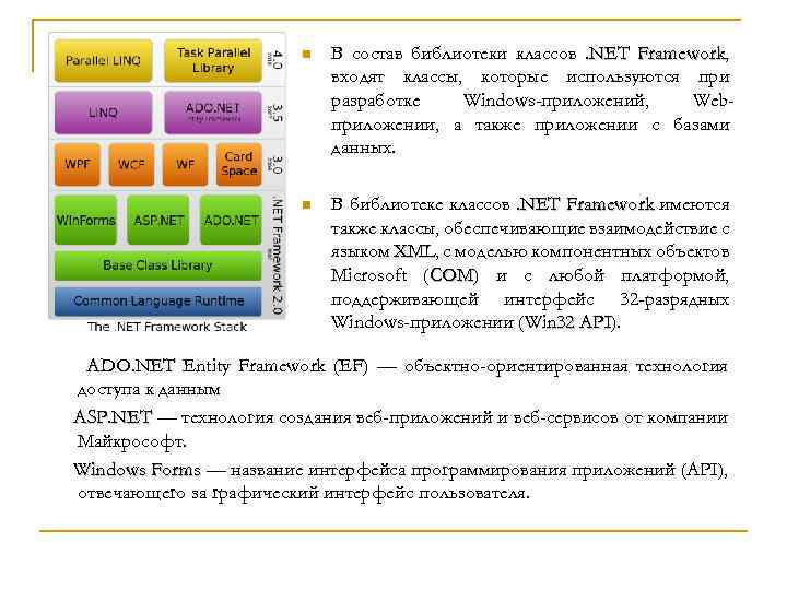 n В состав библиотеки классов. NET Framework, Framework входят классы, которые используются при разработке