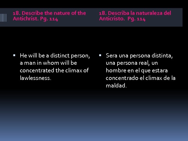 18. Describe the nature of the Antichrist. Pg. 114 18. Describa la naturaleza del