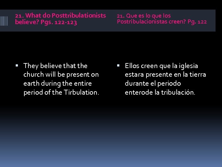 21. What do Posttribulationists believe? Pgs. 122 -123 21. Que es lo que los