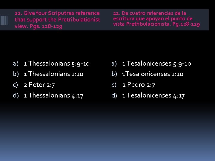 22. Give four Scriputres reference that support the Pretribulationist view. Pgs. 128 -129 22.