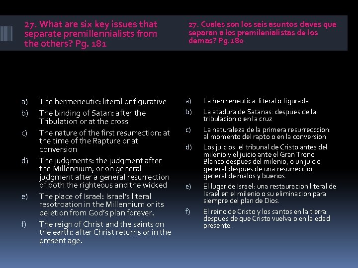 27. What are six key issues that separate premillennialists from the others? Pg. 181