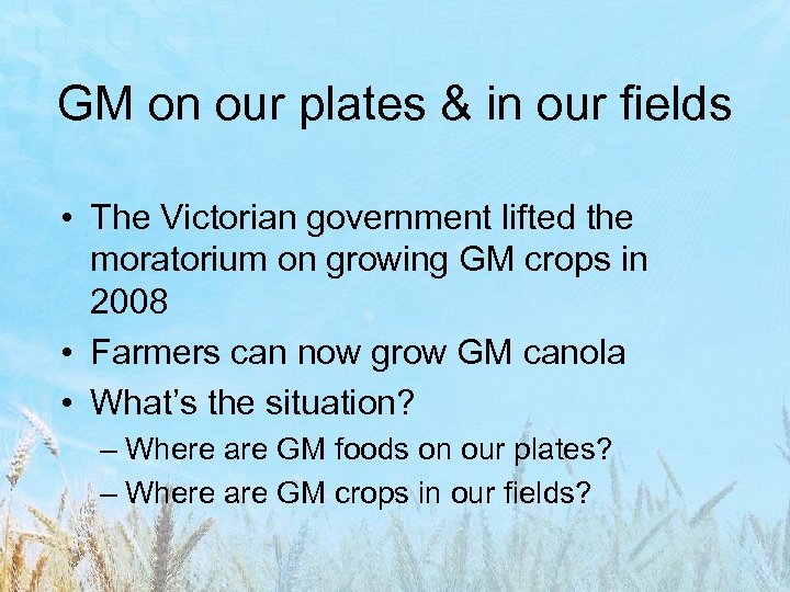 GM on our plates & in our fields • The Victorian government lifted the