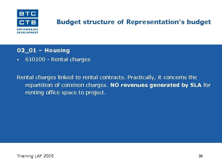Budget structure of Representation's budget 03_01 – Housing 610100 - Rental charges linked to