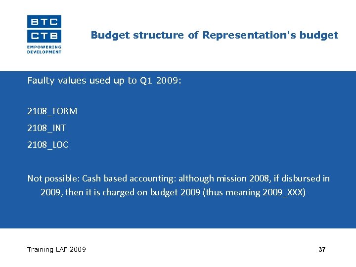 Budget structure of Representation's budget Faulty values used up to Q 1 2009: 2108_FORM