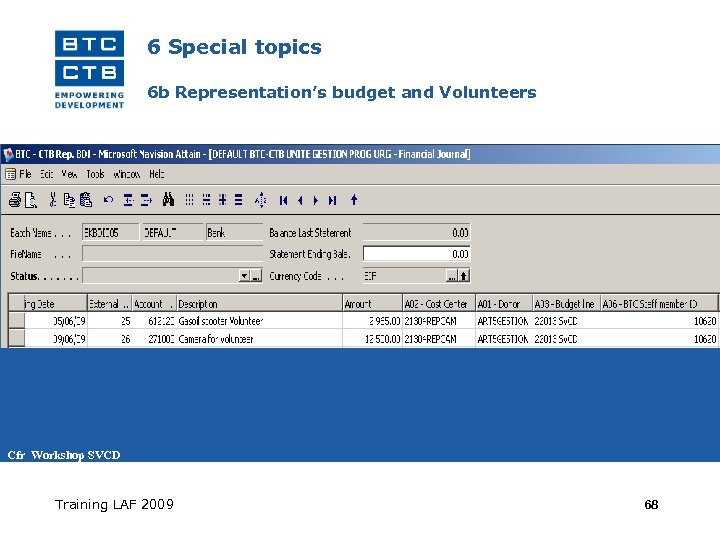 6 Special topics 6 b Representation’s budget and Volunteers Cfr Workshop SVCD Training LAF