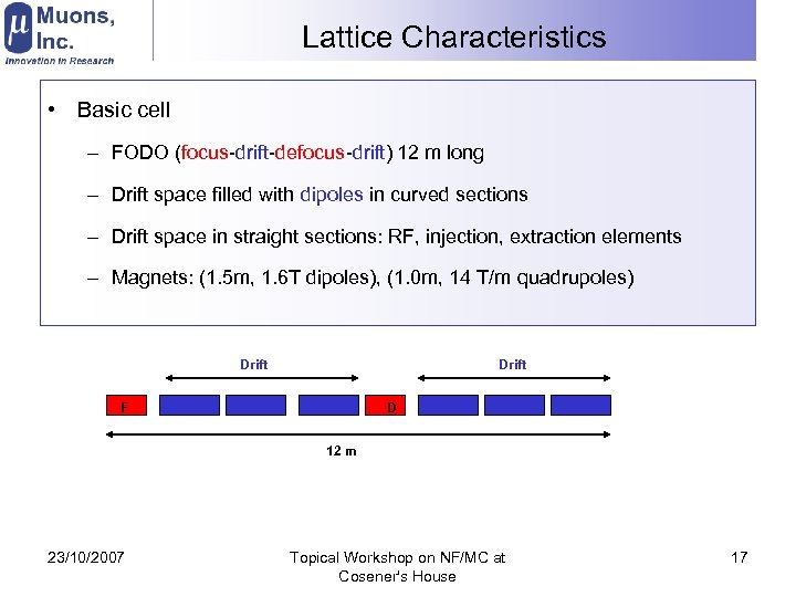 Lattice Characteristics • Basic cell – FODO (focus-drift-defocus-drift) 12 m long – Drift space