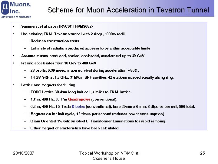 Scheme for Muon Acceleration in Tevatron Tunnel • Summers, et al paper (PAC 07