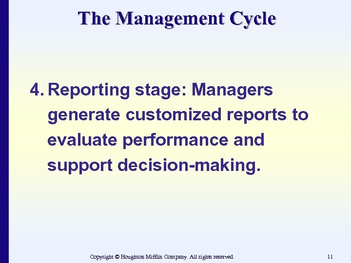 The Management Cycle 4. Reporting stage: Managers generate customized reports to evaluate performance and