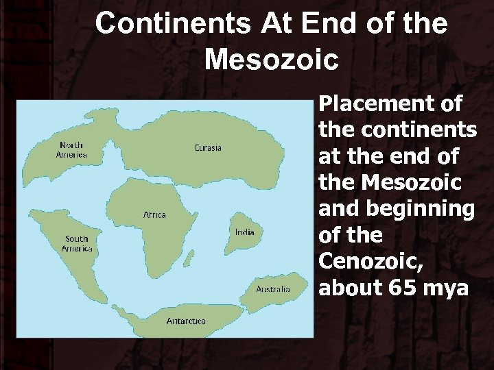 Continents At End of the Mesozoic Placement of the continents at the end of