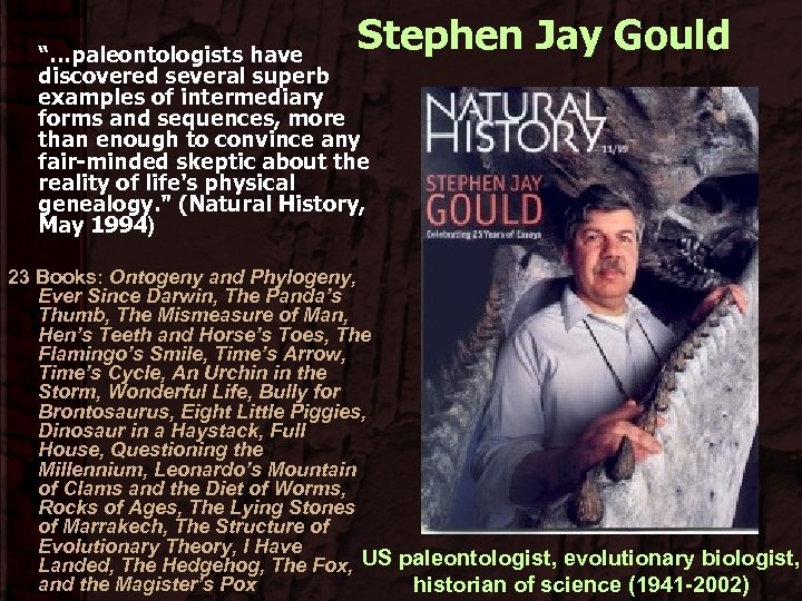 Stephen Jay Gould “…paleontologists have discovered several superb examples of intermediary forms and sequences,