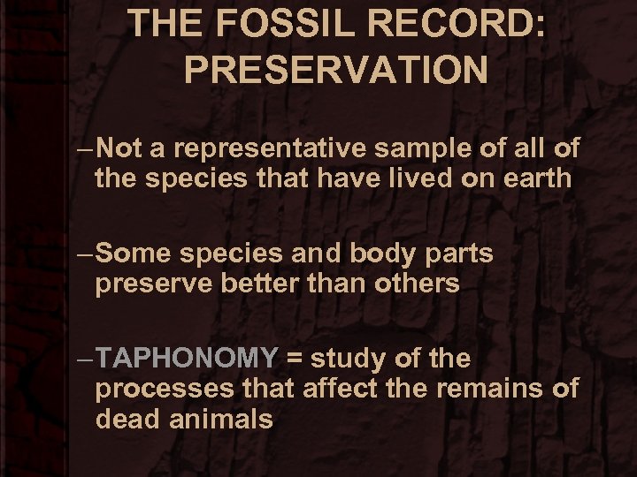 THE FOSSIL RECORD: PRESERVATION – Not a representative sample of all of the species