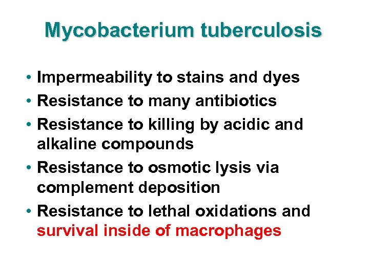 Mycobacterium tuberculosis • Impermeability to stains and dyes • Resistance to many antibiotics •