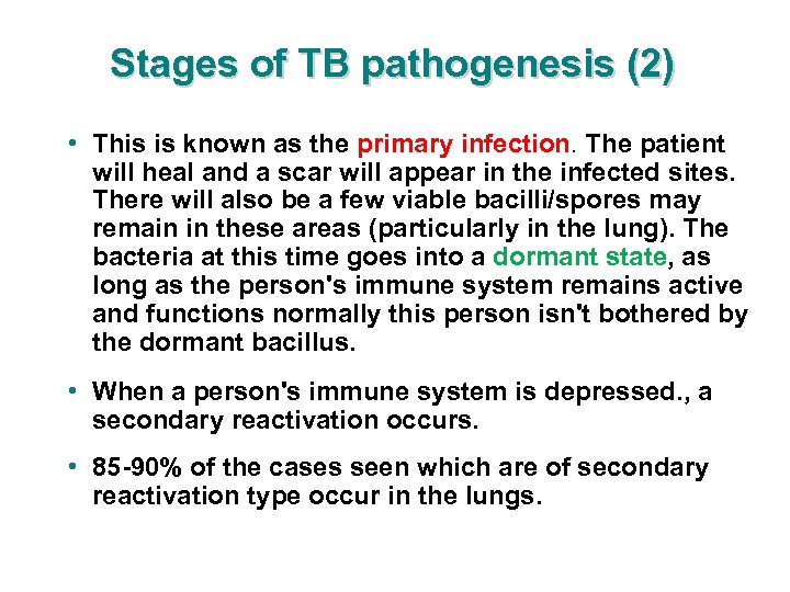 Stages of TB pathogenesis (2) • This is known as the primary infection. The