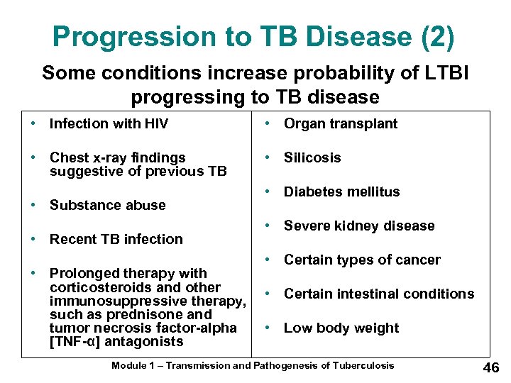 Progression to TB Disease (2) Some conditions increase probability of LTBI progressing to TB