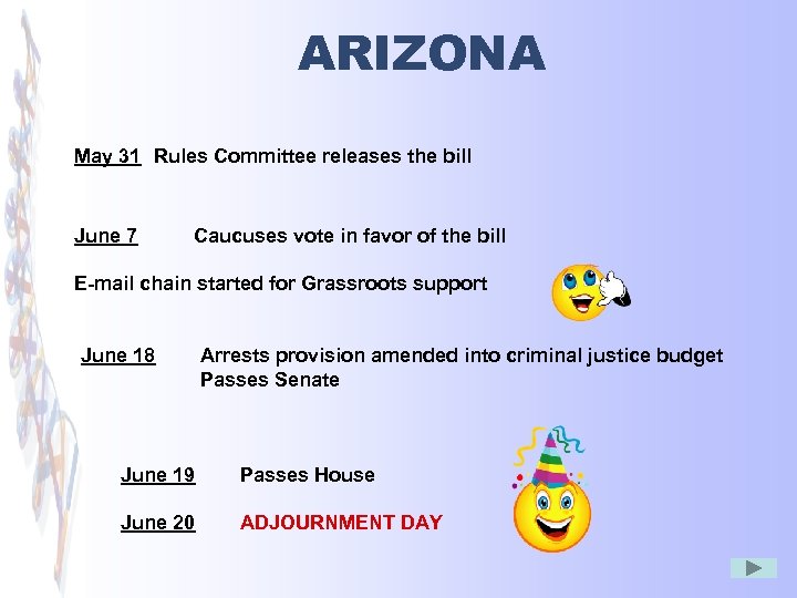 ARIZONA May 31 Rules Committee releases the bill June 7 Caucuses vote in favor