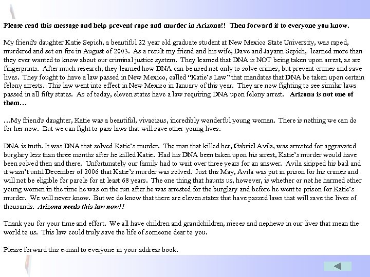Please read this message and help prevent rape and murder in Arizona!! Then forward