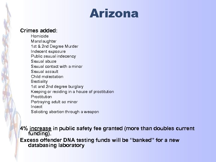 Arizona Crimes added: Homicide Manslaughter 1 st & 2 nd Degree Murder Indecent exposure