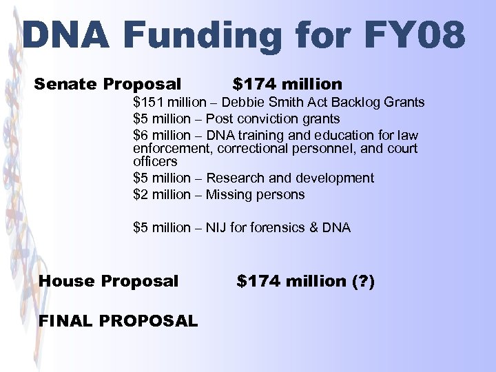 DNA Funding for FY 08 Senate Proposal $174 million $151 million – Debbie Smith