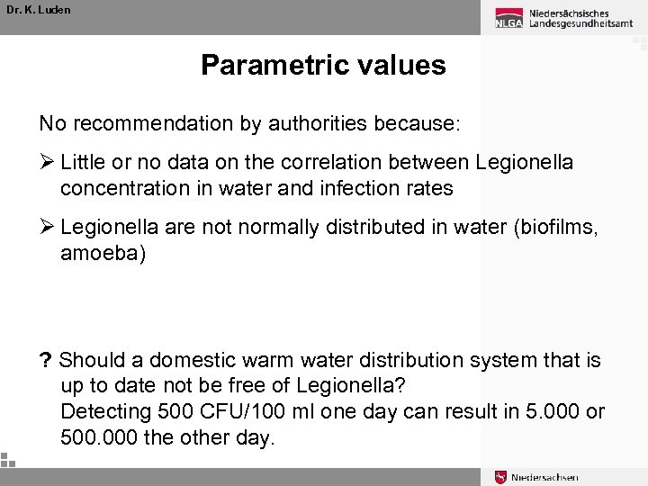 Dr. K. Luden Parametric values No recommendation by authorities because: Ø Little or no