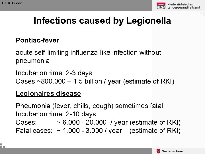 Dr. K. Luden Infections caused by Legionella Pontiac-fever acute self-limiting influenza-like infection without pneumonia