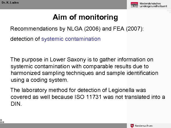 Dr. K. Luden Aim of monitoring Recommendations by NLGA (2006) and FEA (2007): detection