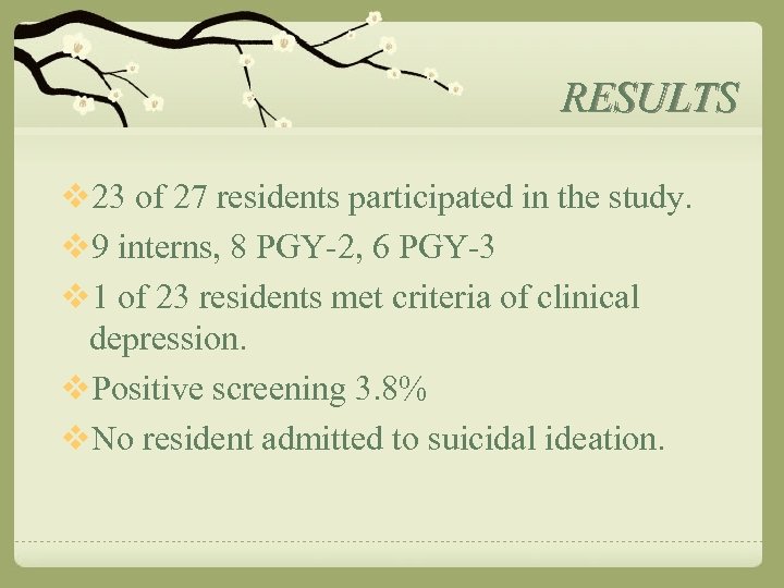 RESULTS v 23 of 27 residents participated in the study. v 9 interns, 8