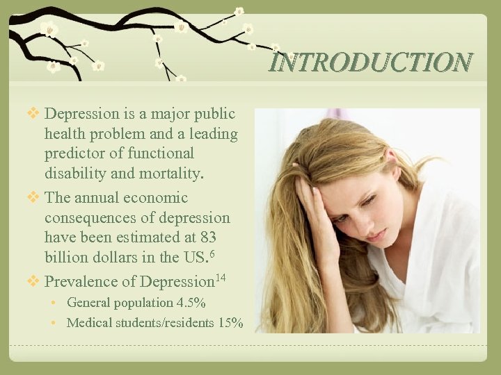 INTRODUCTION v Depression is a major public health problem and a leading predictor of