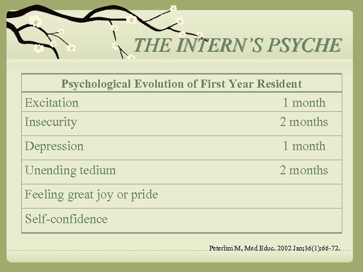 THE INTERN’S PSYCHE Psychological Evolution of First Year Resident Excitation Insecurity 1 month 2