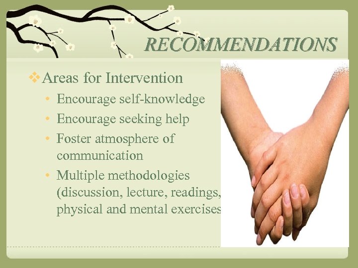 RECOMMENDATIONS v. Areas for Intervention • Encourage self-knowledge • Encourage seeking help • Foster