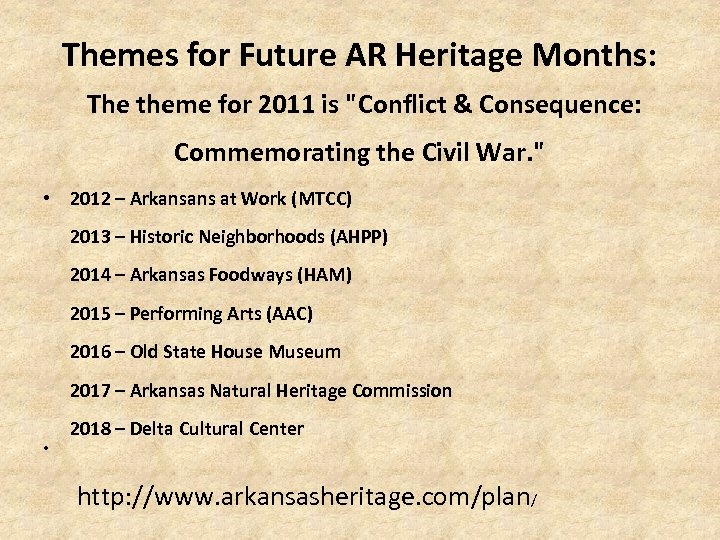 Themes for Future AR Heritage Months: The theme for 2011 is "Conflict & Consequence: