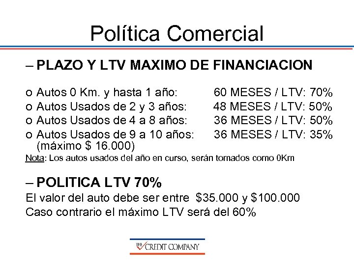 Política Comercial – PLAZO Y LTV MAXIMO DE FINANCIACION o o Autos 0 Km.